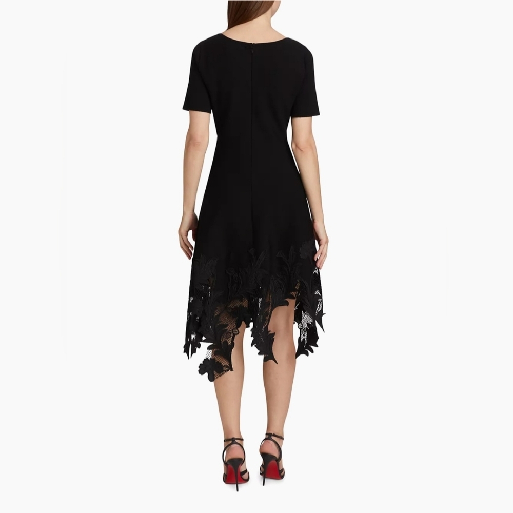 Oscar De La Renta Black Asymmetrical Jewel Neck Floral Guipure Lace‎ Midi-Dress - Picture 7 of 10